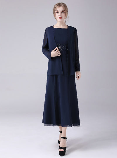 Navy Blue Chiffon Beading Mother Of The Bride Dress