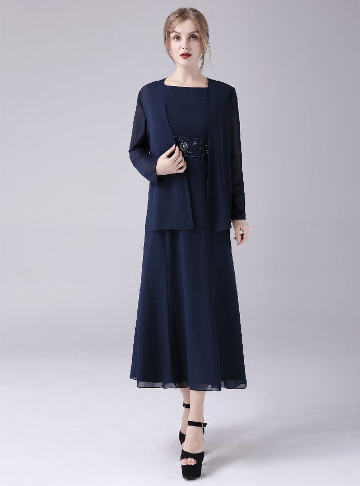 Navy Blue Chiffon Beading Mother Of The Bride Dress