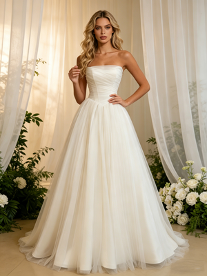 Beige White Tulle Strapless Pleats Wedding Dress