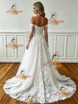 White Tulle Appliques Long Sleeve Wedding Dress
