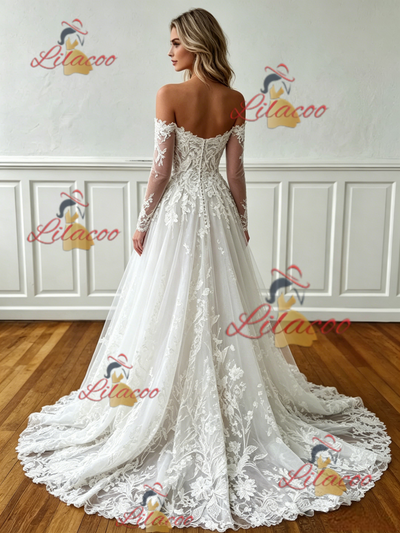 White Tulle Appliques Long Sleeve Wedding Dress