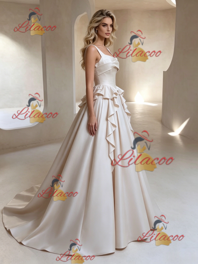 Ivory Satin Straps Sleeveless Wedding Dress