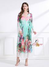 V-neck Long Sleeve Lace Print Suit Dress