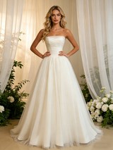Beige White Tulle Strapless Pleats Wedding Dress