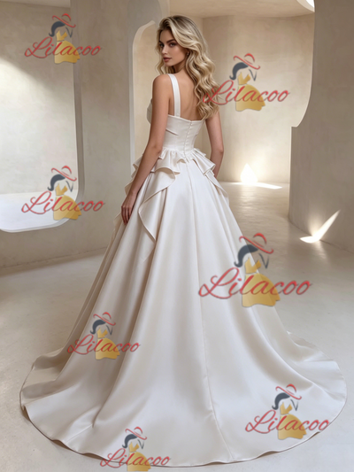 Ivory Satin Straps Sleeveless Wedding Dress