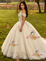 Cahmpagne Tulle Appliques Off the Shoulder Quinceanera Dress