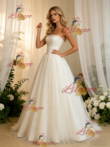 Beige White Tulle Strapless Pleats Wedding Dress