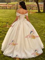Cahmpagne Tulle Appliques Off the Shoulder Quinceanera Dress