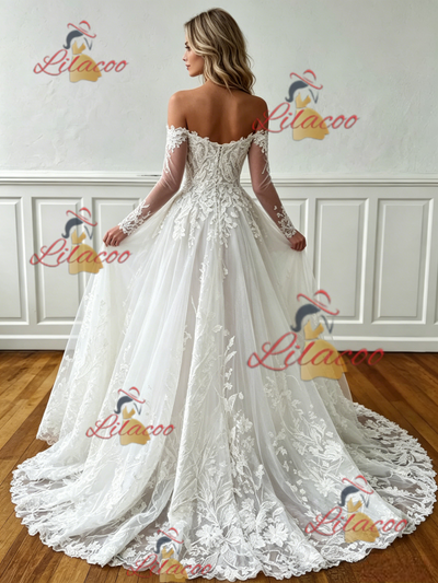 White Tulle Appliques Long Sleeve Wedding Dress