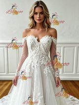 White Tulle Appliques Long Sleeve Wedding Dress