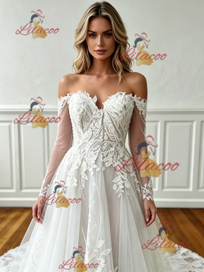 White Tulle Appliques Long Sleeve Wedding Dress