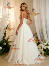 Beige White Tulle Strapless Pleats Wedding Dress