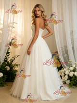 Beige White Tulle Strapless Pleats Wedding Dress