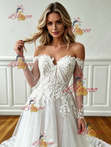 White Tulle Appliques Long Sleeve Wedding Dress
