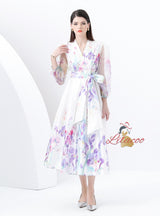 Lantern Sleeves Elegant Swing Print Dress