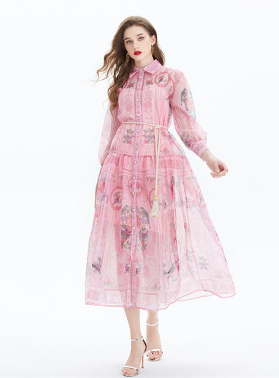 Retro Long Sleeve Lapel Printed Shirt Dress