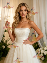 Beige White Tulle Strapless Pleats Wedding Dress