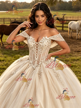 Cahmpagne Tulle Appliques Off the Shoulder Quinceanera Dress
