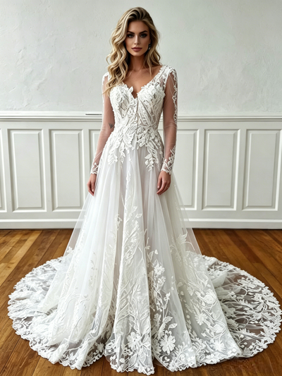 White Lace V-neck Long Sleeve Wedding Dress