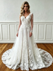 White Lace V-neck Long Sleeve Wedding Dress