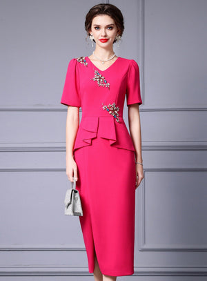 Fuchsia Short Sleeve Crystal Mother Of The Bride Dress