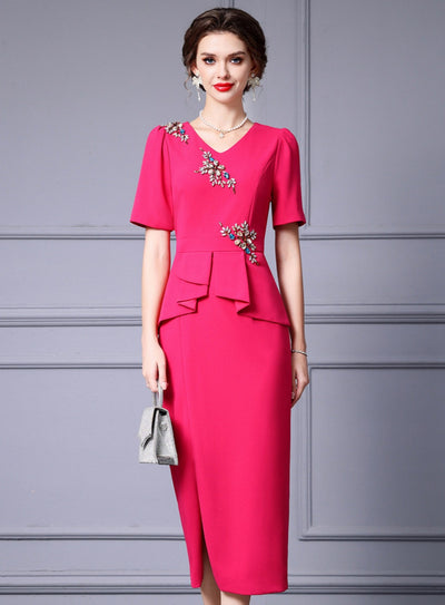Fuchsia Short Sleeve Crystal Mother Of The Bride Dress