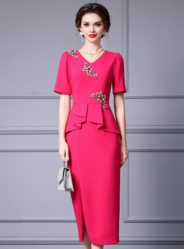 Fuchsia Short Sleeve Crystal Mother Of The Bride Dress