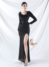 Long Sleeve Mermaid Sequins Split Prom Dress