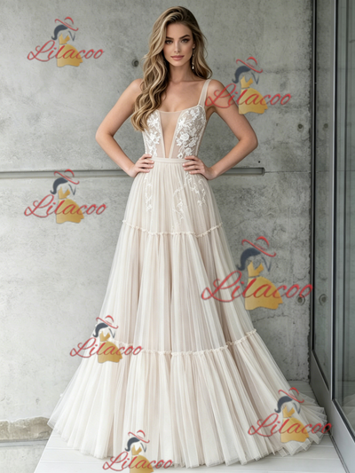 Ivory Tulle Lace Straps Wedding Dress