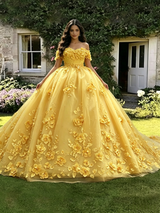 Yellow Tulle Off the Shoulder 3D Appliques Quinceanera Dress