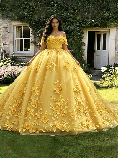 Yellow Tulle Off the Shoulder 3D Appliques Quinceanera Dress