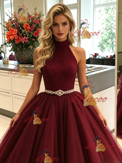 Bugundy Tuller Halter Prom Dress