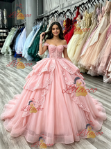 Pink Tulle Off the Shoulder Appliques Quinceanera Dress
