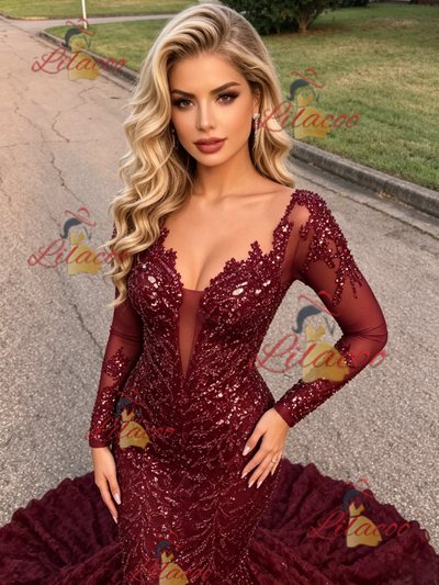 Burgundy Sequins Long Sleeve Prom Dress