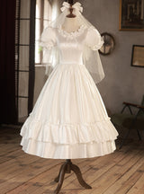 Vintage White Satin Puff Sleeve Button Wedding Dress