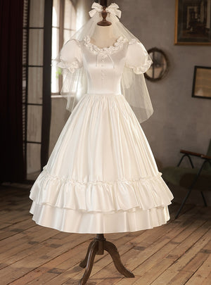 Vintage White Satin Puff Sleeve Button Wedding Dress