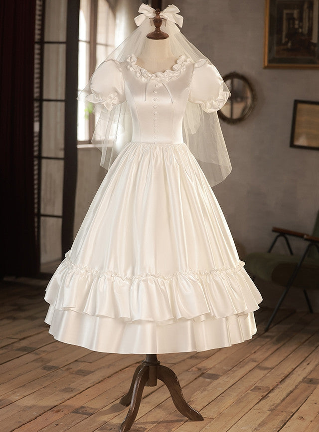 Vintage White Satin Puff Sleeve Button Wedding Dress