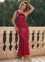 One-shoulder Slim Slit Sequined Dress