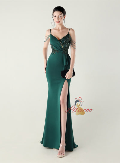 Mermaid Spaghetti Straps Beading Split Prom Dress