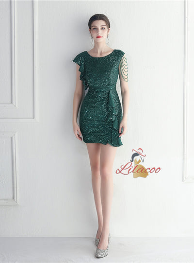 Scoop Neck Sequins Mini Prom Dress