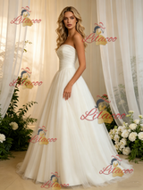 Beige White Tulle Strapless Pleats Wedding Dress