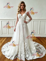 White Lace V-neck Long Sleeve Wedding Dress
