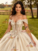 Cahmpagne Tulle Appliques Off the Shoulder Quinceanera Dress