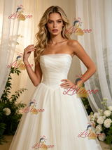 Beige White Tulle Strapless Pleats Wedding Dress