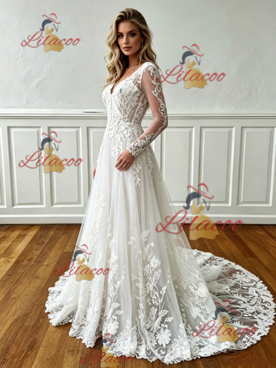 White Lace V-neck Long Sleeve Wedding Dress