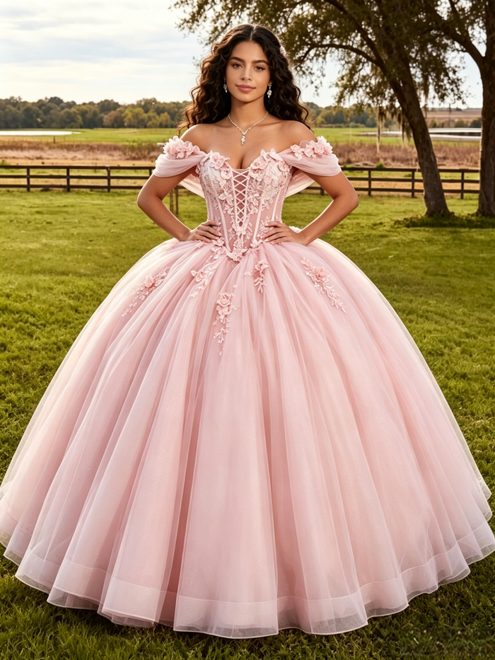 Pink Off the Shoulder Appliques Quinceanera Dress