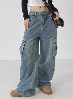 Retro Loose Big Pocket Low Waist Jeans