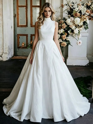 White Satin High Neck Wedding Dress