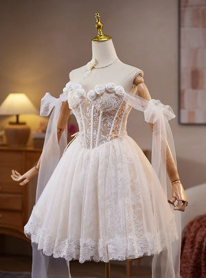 White Lace Off the Shoulder Flower Homecoming Dress