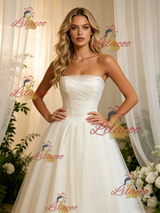 Beige White Tulle Strapless Pleats Wedding Dress